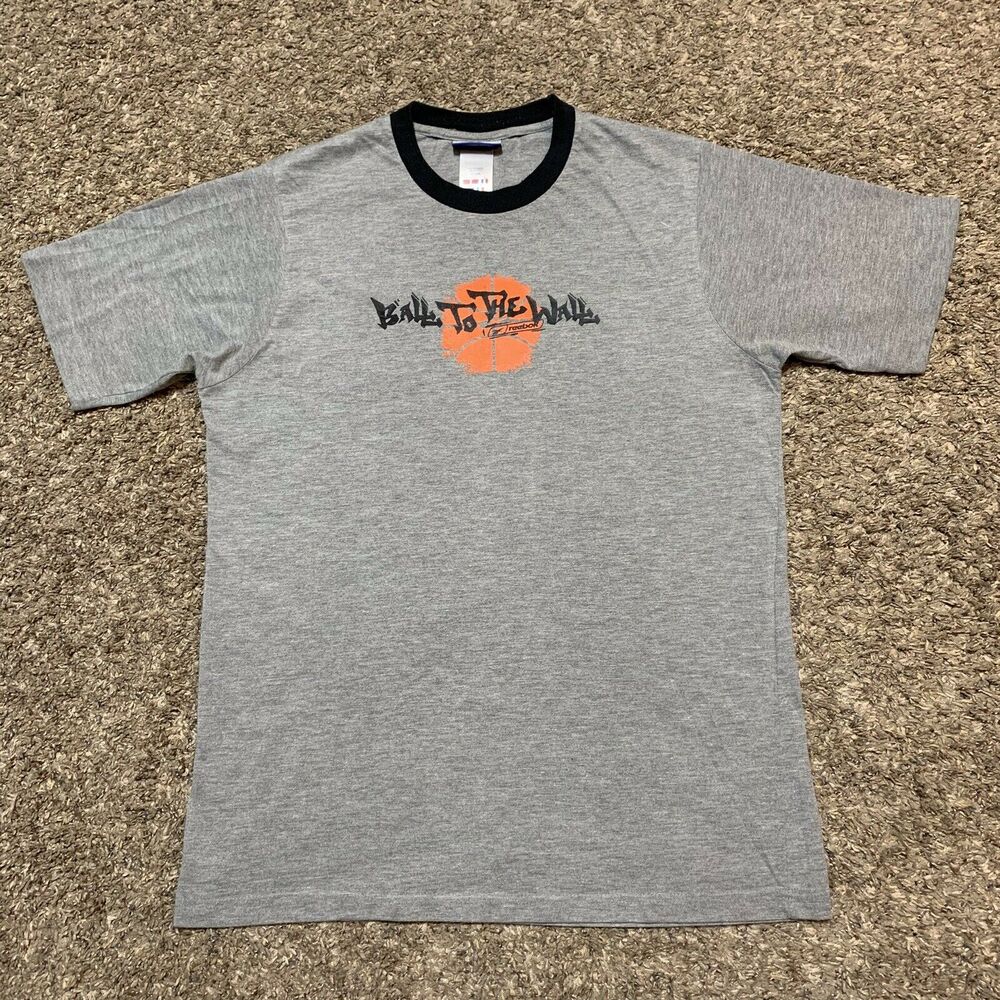Vintage 1990s Reebok Ball To The Wall Graphic Grey T Shirt Size L